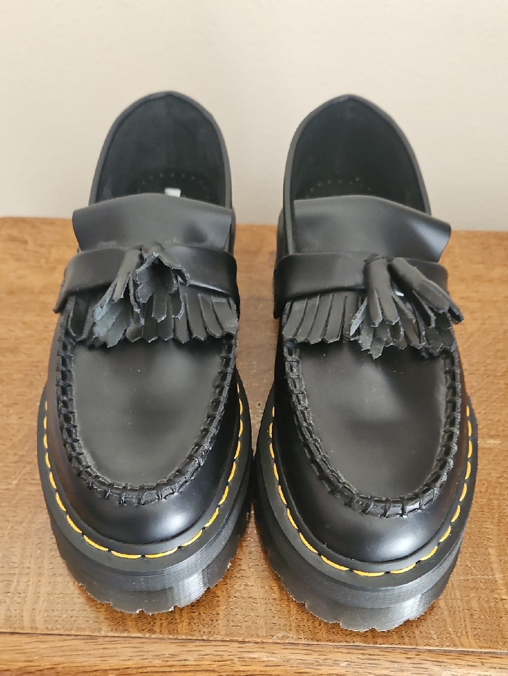 Dr. Martens Black Adrian Quad Leather Loafers with Yellow Stitching